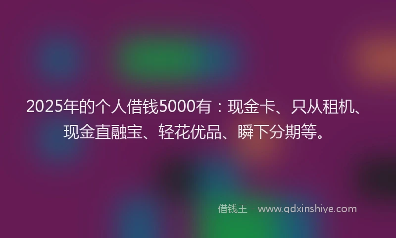 2025年的个人借钱5000有：现金卡、只从租机、现金直融宝、轻花优品、瞬下分期等。