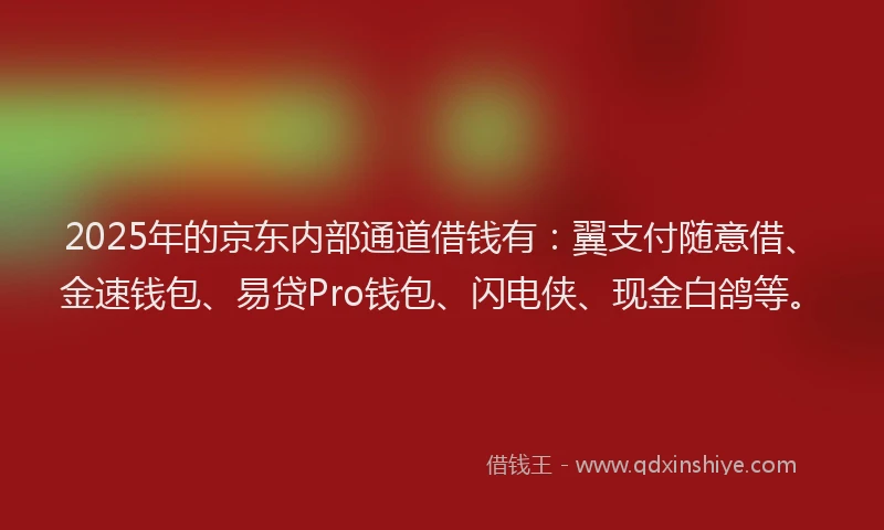 2025年的京东内部通道借钱有：翼支付随意借、金速钱包、易贷Pro钱包、闪电侠、现金白鸽等。