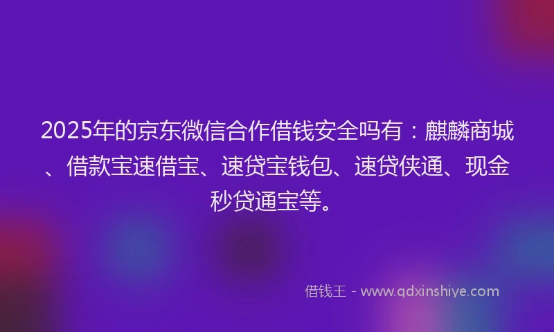 2025年的京东微信合作借钱安全吗有：麒麟商城、借款宝速借宝、速贷宝钱包、速贷侠通、现金秒贷通宝等。
