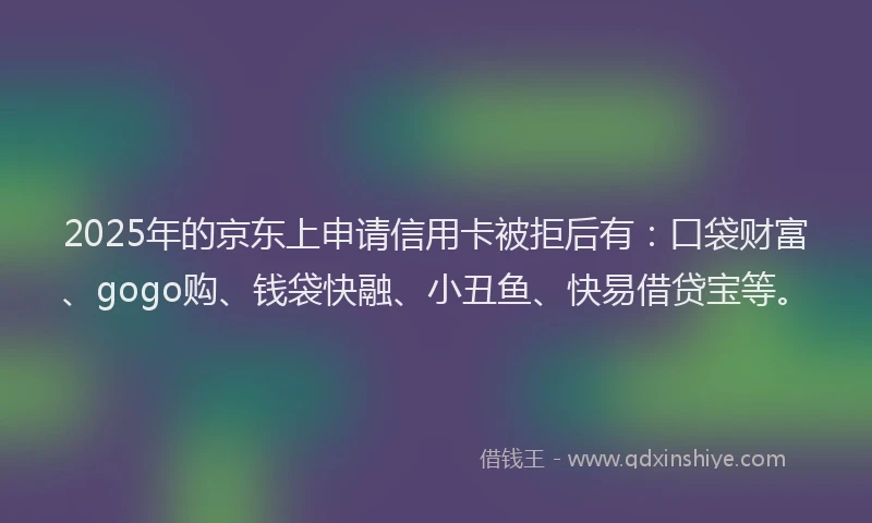 2025年的京东上申请信用卡被拒后有：口袋财富、gogo购、钱袋快融、小丑鱼、快易借贷宝等。