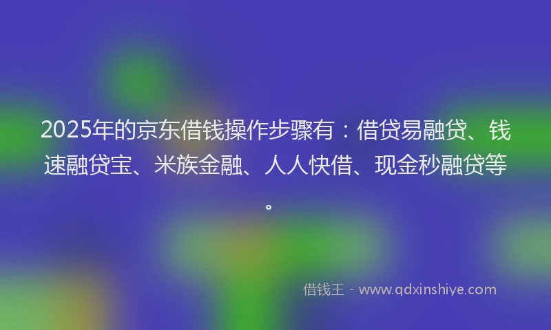 2025年的京东借钱操作步骤有：借贷易融贷、钱速融贷宝、米族金融、人人快借、现金秒融贷等。