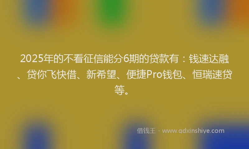 2025年的不看征信能分6期的贷款有：钱速达融、贷你飞快借、新希望、便捷Pro钱包、恒瑞速贷等。