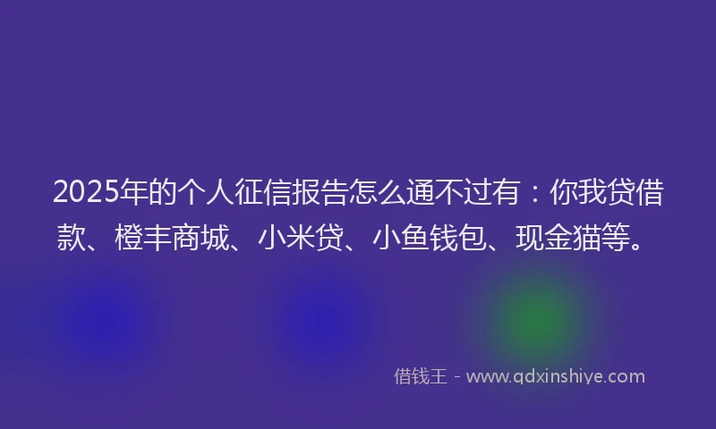 2025年的个人征信报告怎么通不过有：你我贷借款、橙丰商城、小米贷、小鱼钱包、现金猫等。
