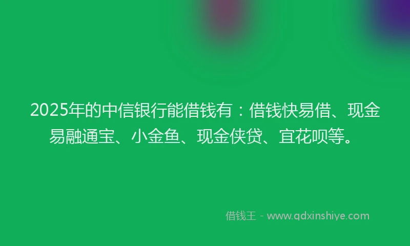 2025年的中信银行能借钱有：借钱快易借、现金易融通宝、小金鱼、现金侠贷、宜花呗等。