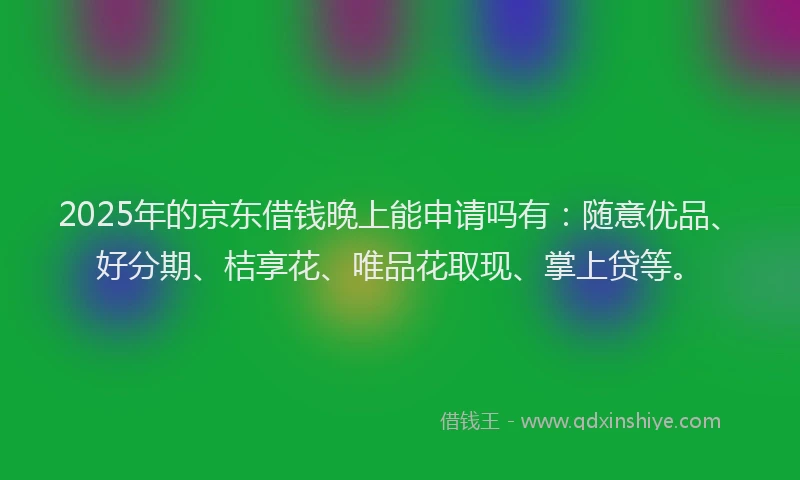2025年的京东借钱晚上能申请吗有：随意优品、好分期、桔享花、唯品花取现、掌上贷等。
