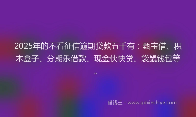 2025年的不看征信逾期贷款五千有：甄宝借、积木盒子、分期乐借款、现金侠快贷、袋鼠钱包等。