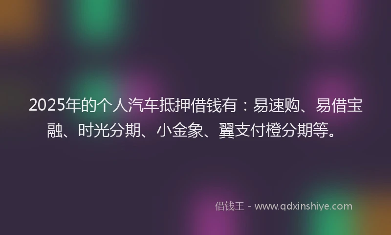 2025年的个人汽车抵押借钱有：易速购、易借宝融、时光分期、小金象、翼支付橙分期等。