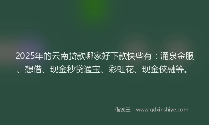 2025年的云南贷款哪家好下款快些有：涌泉金服、想借、现金秒贷通宝、彩虹花、现金侠融等。