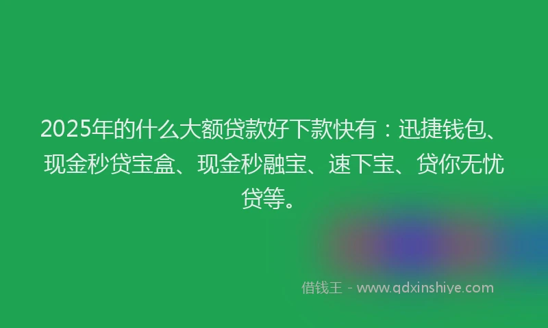 2025年的什么大额贷款好下款快有：迅捷钱包、现金秒贷宝盒、现金秒融宝、速下宝、贷你无忧贷等。