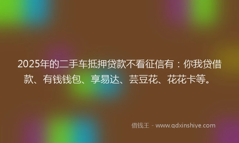 2025年的二手车抵押贷款不看征信有：你我贷借款、有钱钱包、享易达、芸豆花、花花卡等。