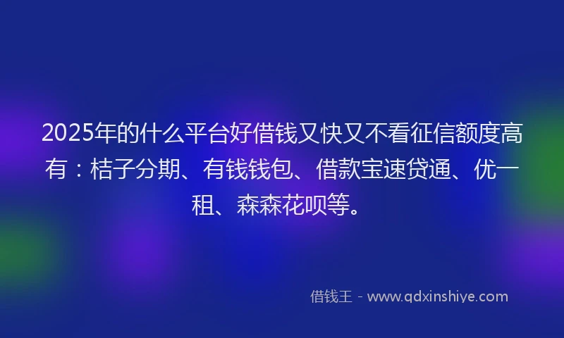 2025年的什么平台好借钱又快又不看征信额度高有：桔子分期、有钱钱包、借款宝速贷通、优一租、森森花呗等。