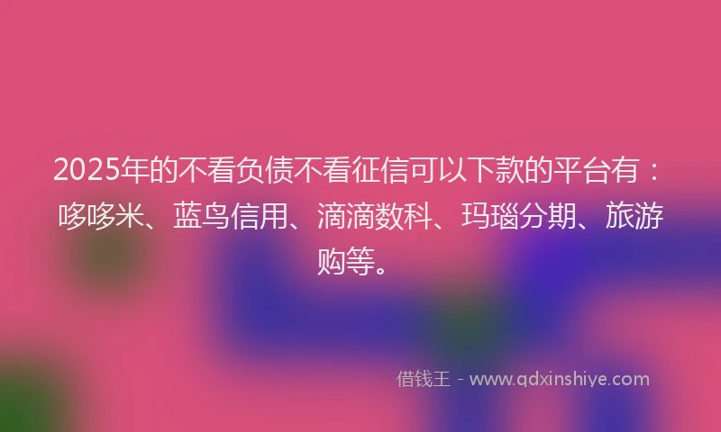 2025年的不看负债不看征信可以下款的平台有：哆哆米、蓝鸟信用、滴滴数科、玛瑙分期、旅游购等。