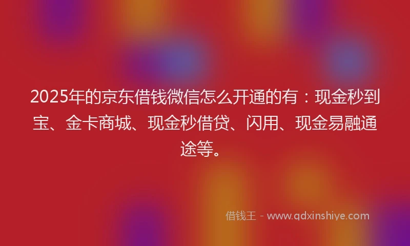 2025年的京东借钱微信怎么开通的有：现金秒到宝、金卡商城、现金秒借贷、闪用、现金易融通途等。