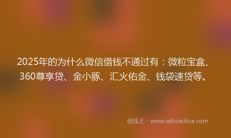 2025年的为什么微信借钱不通过有：微粒宝盒、360尊享贷、金小豚、汇火佑金、钱袋速贷等。