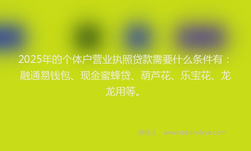 2025年的个体户营业执照贷款需要什么条件有：融通易钱包、现金蜜蜂贷、葫芦花、乐宝花、龙龙用等。