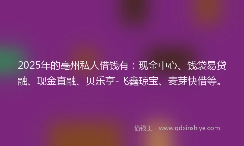 2025年的亳州私人借钱有：现金中心、钱袋易贷融、现金直融、贝乐享-飞鑫琼宝、麦芽快借等。