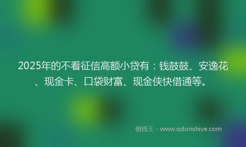 2025年的不看征信高额小贷有：钱鼓鼓、安逸花、现金卡、口袋财富、现金侠快借通等。