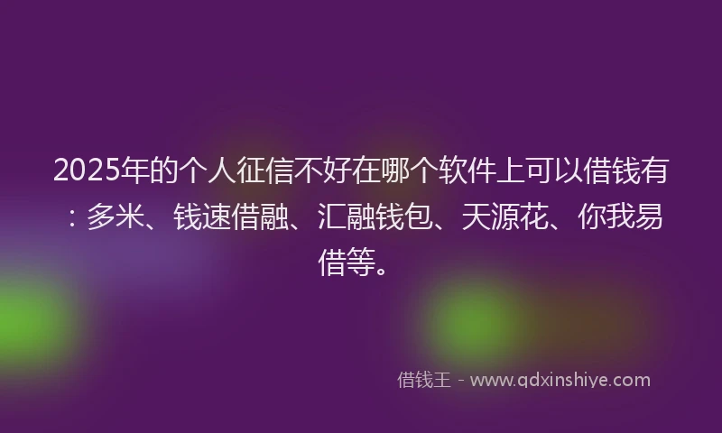 2025年的个人征信不好在哪个软件上可以借钱有：多米、钱速借融、汇融钱包、天源花、你我易借等。
