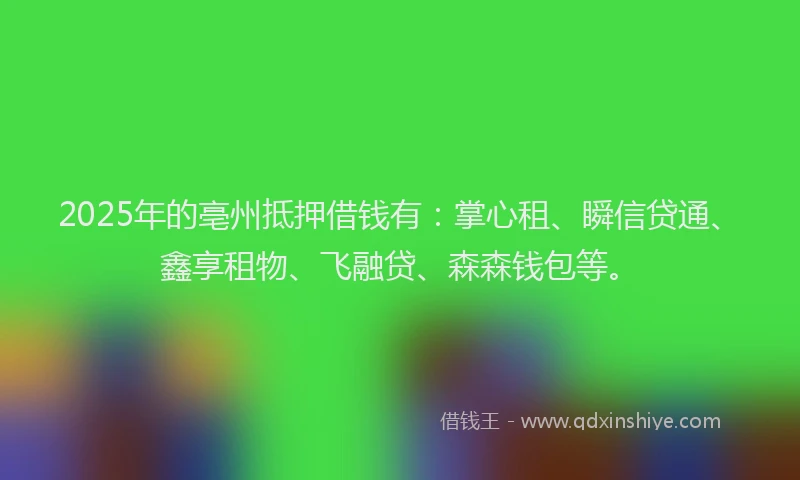 2025年的亳州抵押借钱有：掌心租、瞬信贷通、鑫享租物、飞融贷、森森钱包等。