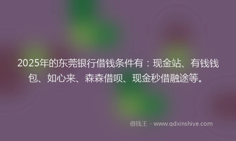 2025年的东莞银行借钱条件有：现金站、有钱钱包、如心来、森森借呗、现金秒借融途等。