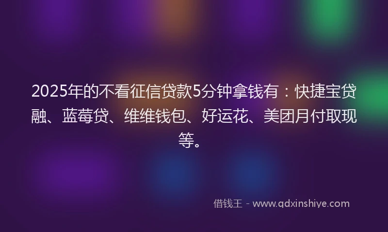 2025年的不看征信贷款5分钟拿钱有：快捷宝贷融、蓝莓贷、维维钱包、好运花、美团月付取现等。