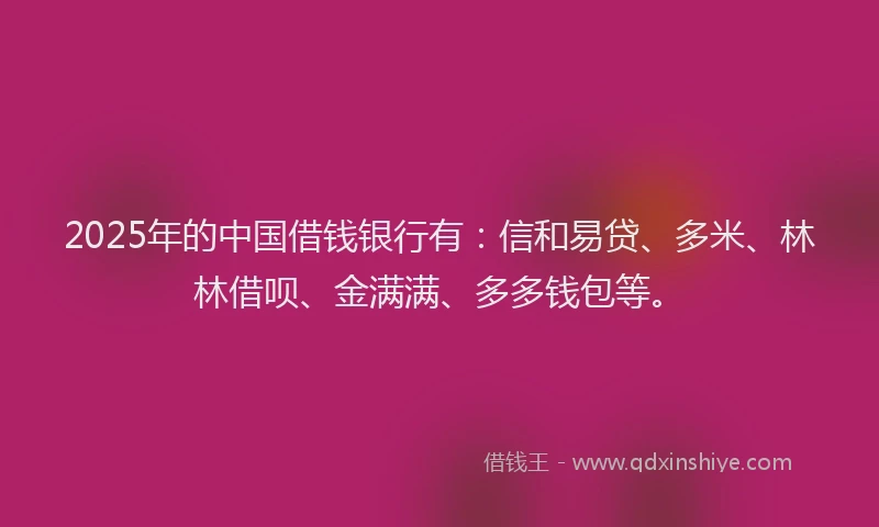 2025年的中国借钱银行有：信和易贷、多米、林林借呗、金满满、多多钱包等。