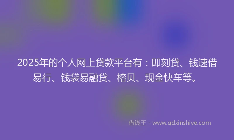 2025年的个人网上贷款平台有：即刻贷、钱速借易行、钱袋易融贷、榕贝、现金快车等。