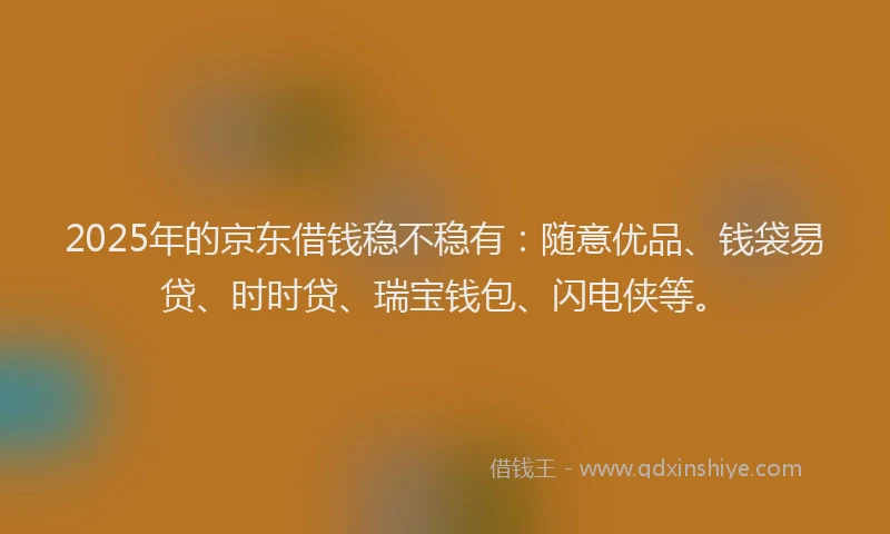 2025年的京东借钱稳不稳有：随意优品、钱袋易贷、时时贷、瑞宝钱包、闪电侠等。
