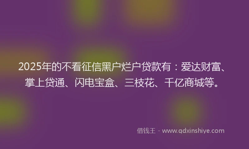 2025年的不看征信黑户烂户贷款有：爱达财富、掌上贷通、闪电宝盒、三枝花、千亿商城等。