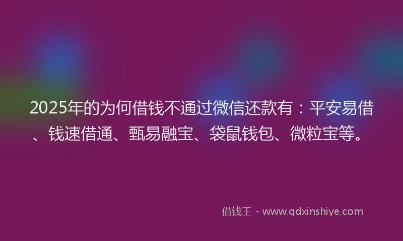 2025年的为何借钱不通过微信还款有：平安易借、钱速借通、甄易融宝、袋鼠钱包、微粒宝等。