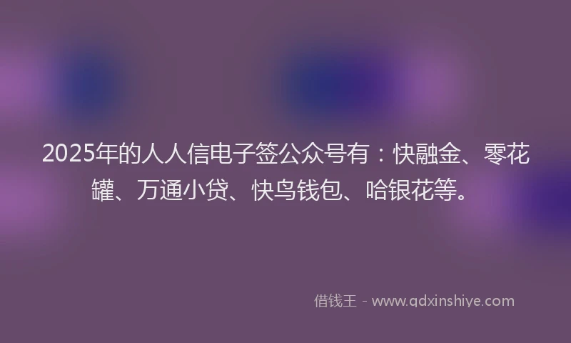 2025年的人人信电子签公众号有：快融金、零花罐、万通小贷、快鸟钱包、哈银花等。