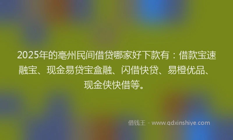 2025年的亳州民间借贷哪家好下款有：借款宝速融宝、现金易贷宝盒融、闪借快贷、易橙优品、现金侠快借等。