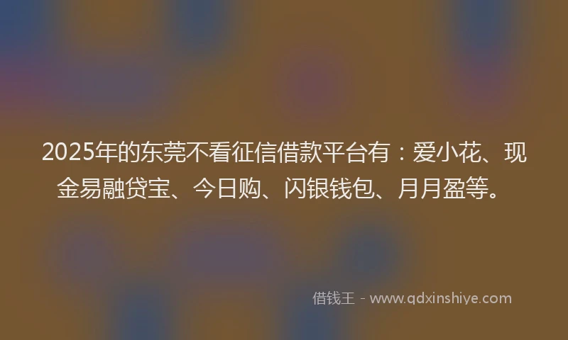 2025年的东莞不看征信借款平台有：爱小花、现金易融贷宝、今日购、闪银钱包、月月盈等。