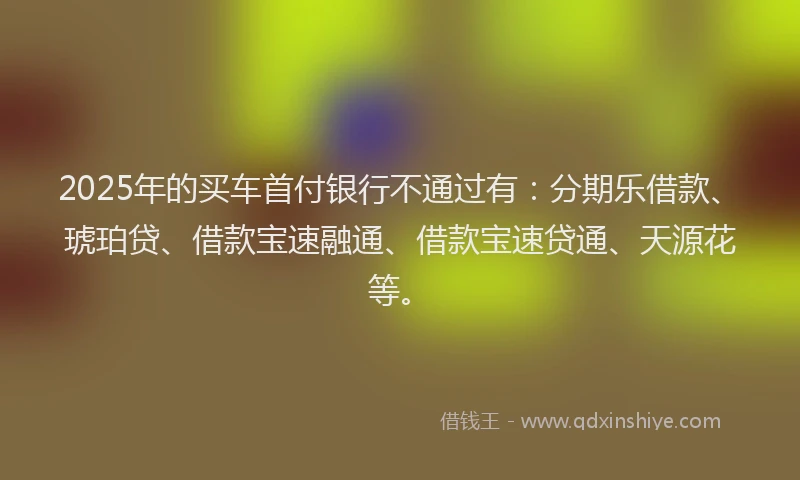 2025年的买车首付银行不通过有：分期乐借款、琥珀贷、借款宝速融通、借款宝速贷通、天源花等。