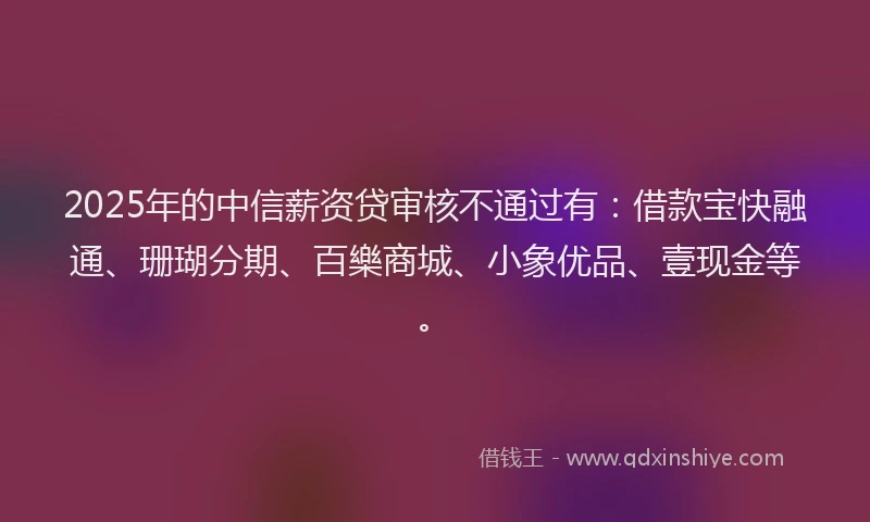 2025年的中信薪资贷审核不通过有：借款宝快融通、珊瑚分期、百樂商城、小象优品、壹现金等。
