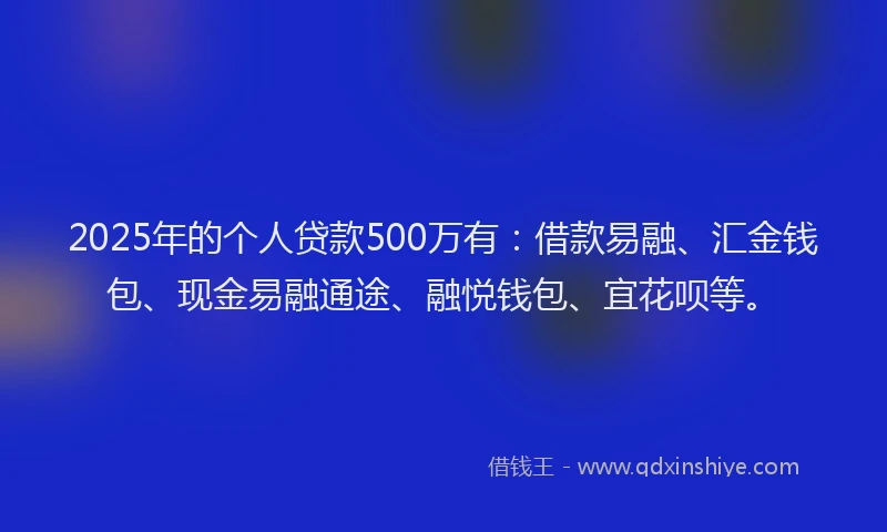 2025年的个人贷款500万有：借款易融、汇金钱包、现金易融通途、融悦钱包、宜花呗等。