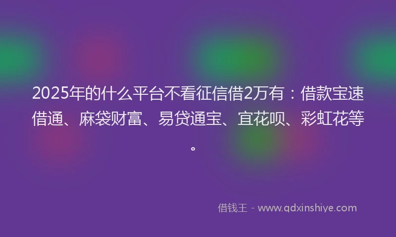 2025年的什么平台不看征信借2万有：借款宝速借通、麻袋财富、易贷通宝、宜花呗、彩虹花等。
