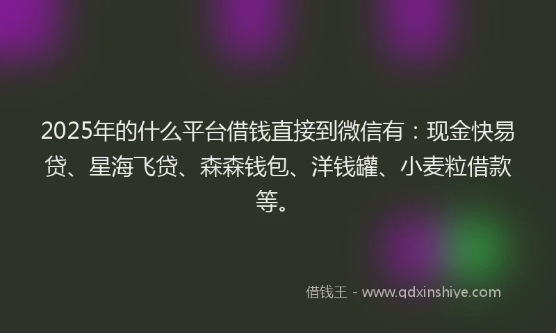 2025年的什么平台借钱直接到微信有：现金快易贷、星海飞贷、森森钱包、洋钱罐、小麦粒借款等。