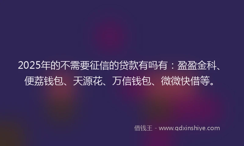 2025年的不需要征信的贷款有吗有：盈盈金科、便荔钱包、天源花、万信钱包、微微快借等。