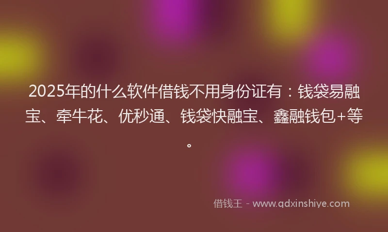 2025年的什么软件借钱不用身份证有：钱袋易融宝、牵牛花、优秒通、钱袋快融宝、鑫融钱包+等。