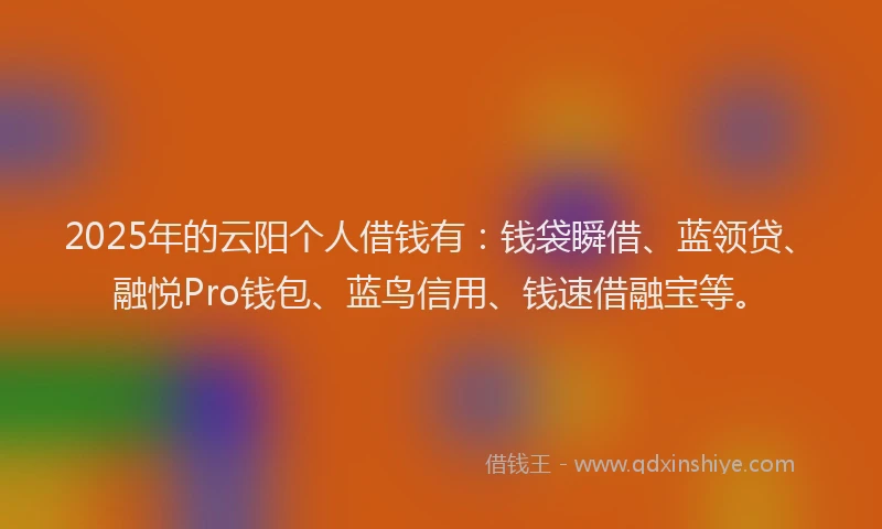 2025年的云阳个人借钱有：钱袋瞬借、蓝领贷、融悦Pro钱包、蓝鸟信用、钱速借融宝等。