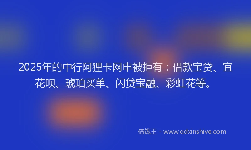 2025年的中行阿狸卡网申被拒有：借款宝贷、宜花呗、琥珀买单、闪贷宝融、彩虹花等。