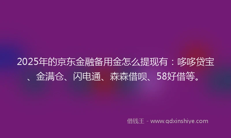 2025年的京东金融备用金怎么提现有：哆哆贷宝、金满仓、闪电通、森森借呗、58好借等。