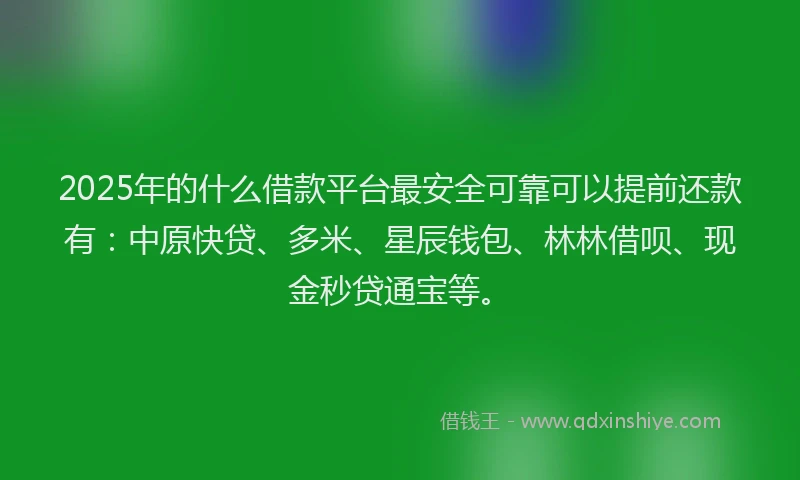 2025年的什么借款平台最安全可靠可以提前还款有：中原快贷、多米、星辰钱包、林林借呗、现金秒贷通宝等。