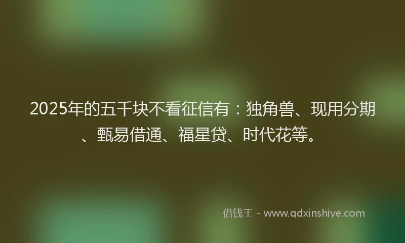 2025年的五千块不看征信有：独角兽、现用分期、甄易借通、福星贷、时代花等。