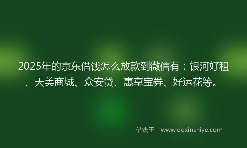 2025年的京东借钱怎么放款到微信有：银河好租、天美商城、众安贷、惠享宝券、好运花等。