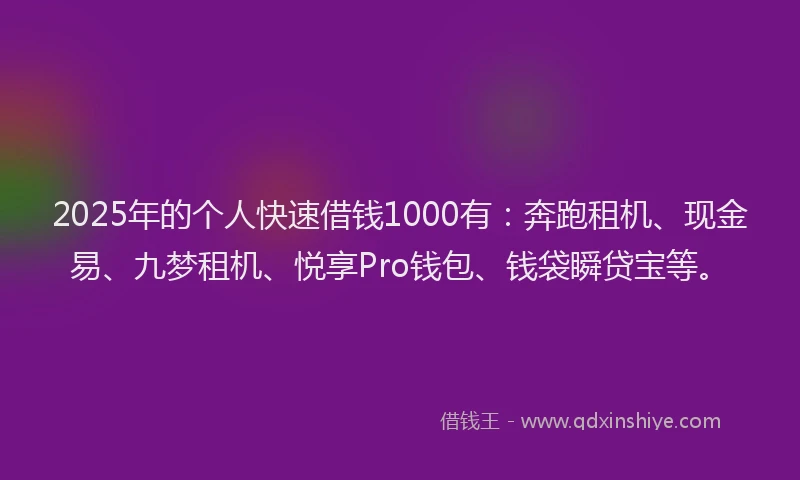 2025年的个人快速借钱1000有：奔跑租机、现金易、九梦租机、悦享Pro钱包、钱袋瞬贷宝等。