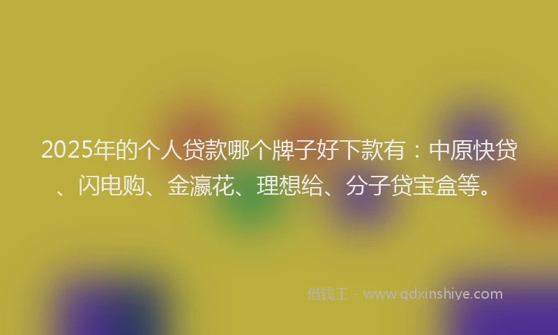 2025年的个人贷款哪个牌子好下款有：中原快贷、闪电购、金瀛花、理想给、分子贷宝盒等。