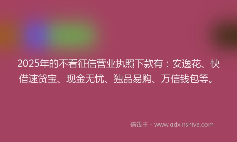 2025年的不看征信营业执照下款有：安逸花、快借速贷宝、现金无忧、独品易购、万信钱包等。