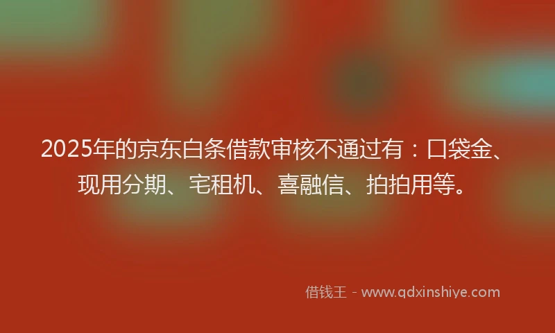 2025年的京东白条借款审核不通过有：口袋金、现用分期、宅租机、喜融信、拍拍用等。